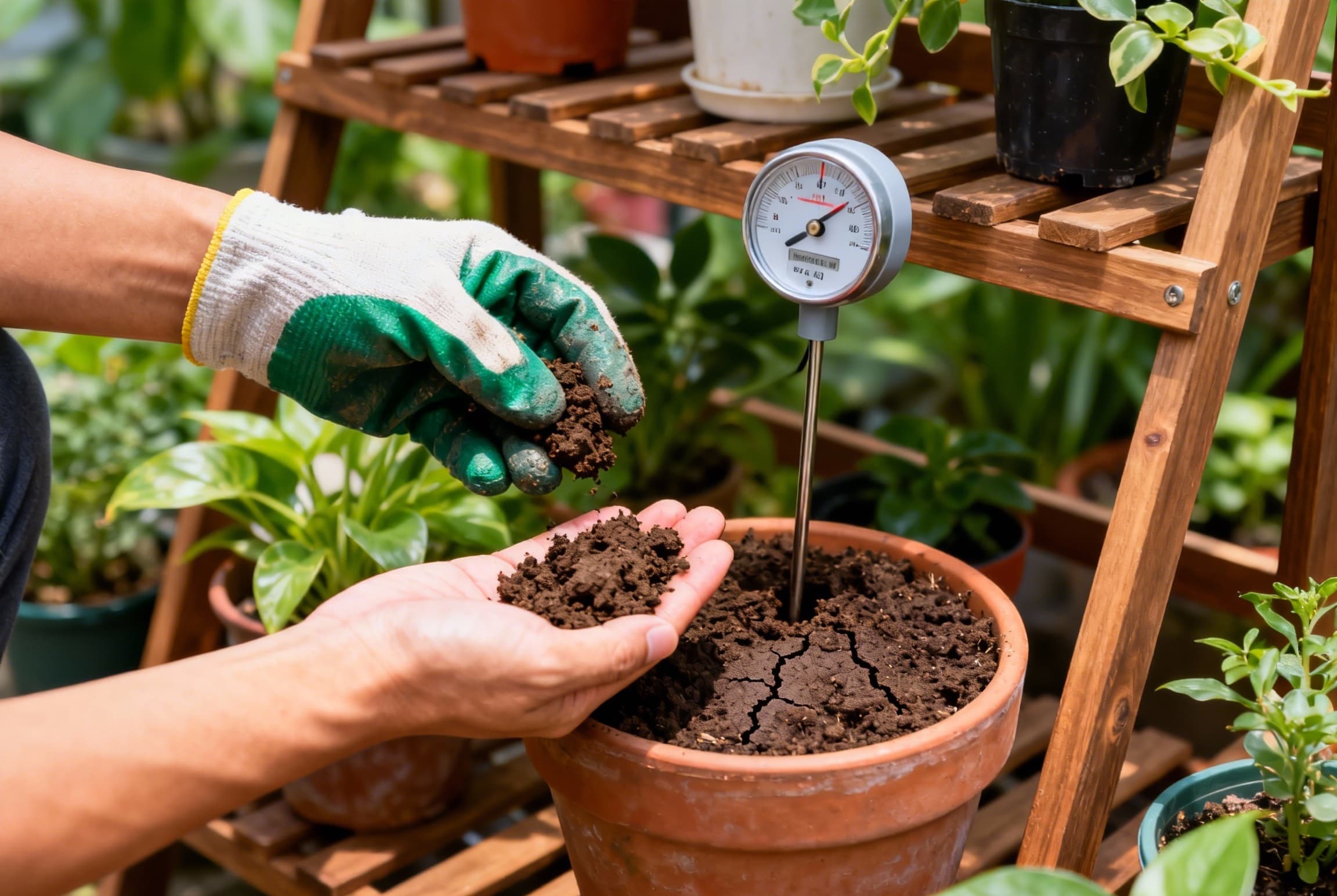 Checking soil moisture before watering